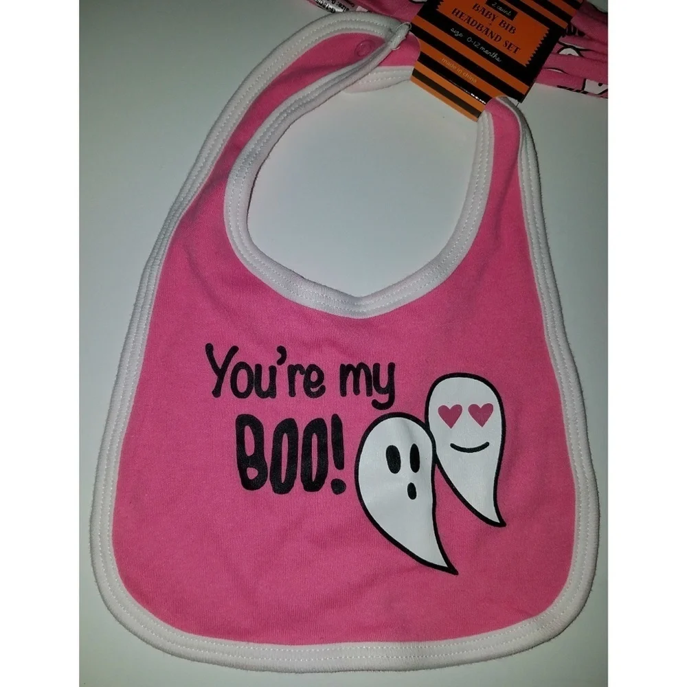 NWT You're My Boo! Pink Ghost Halloween Bib & Headband Set Size 0-12 Months